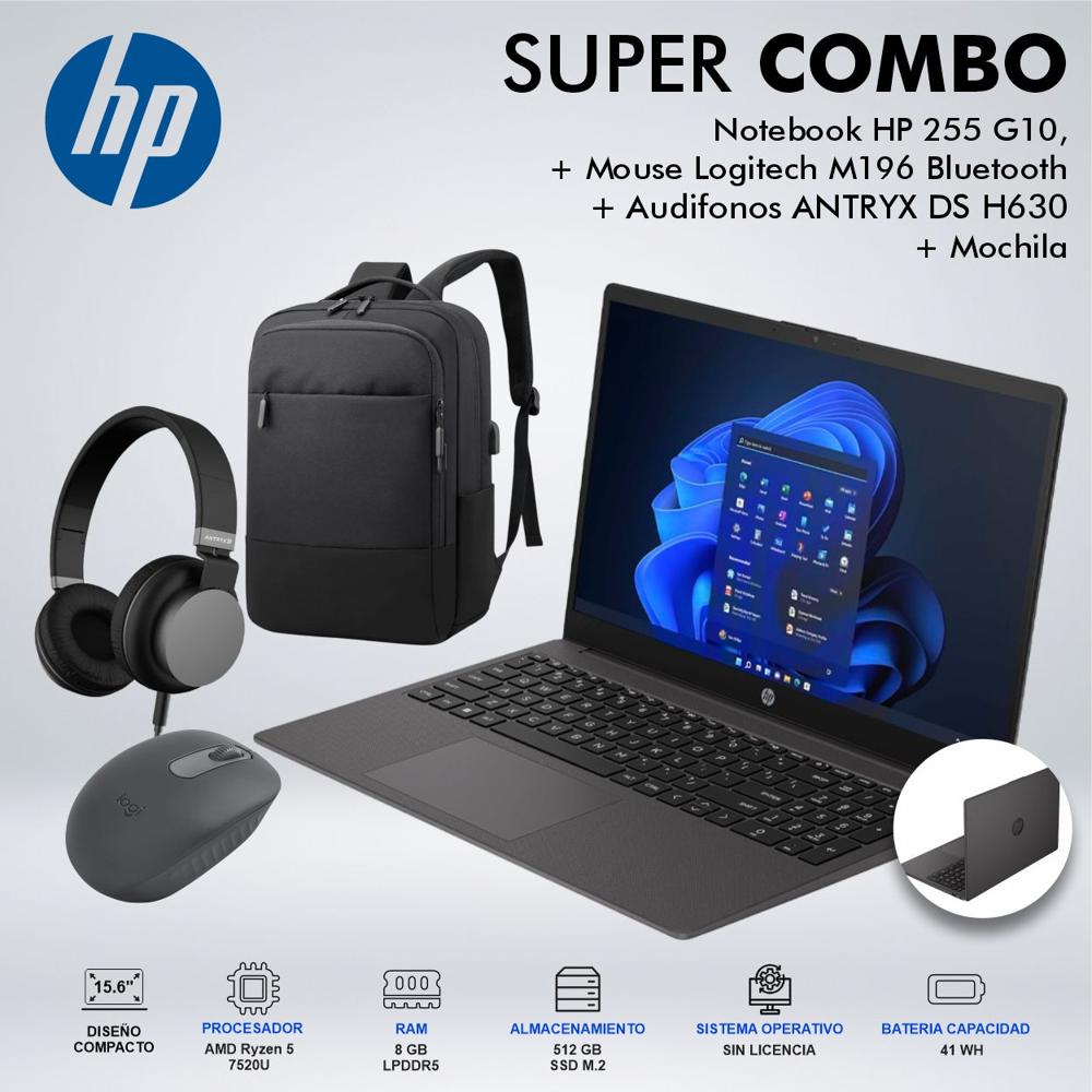 LAPTOP HP 255 G10  AMD RYZEN 5 7520U MEMORIA 8GB DISCO 512GB SSD M2 A12HBLTABMCDSPE