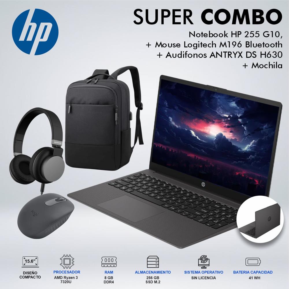 LAPTOP HP 255 G10 AMD RYZEN 3 7320U MEMORIA 8GB DDR4 DISCO 256GB SSD M2