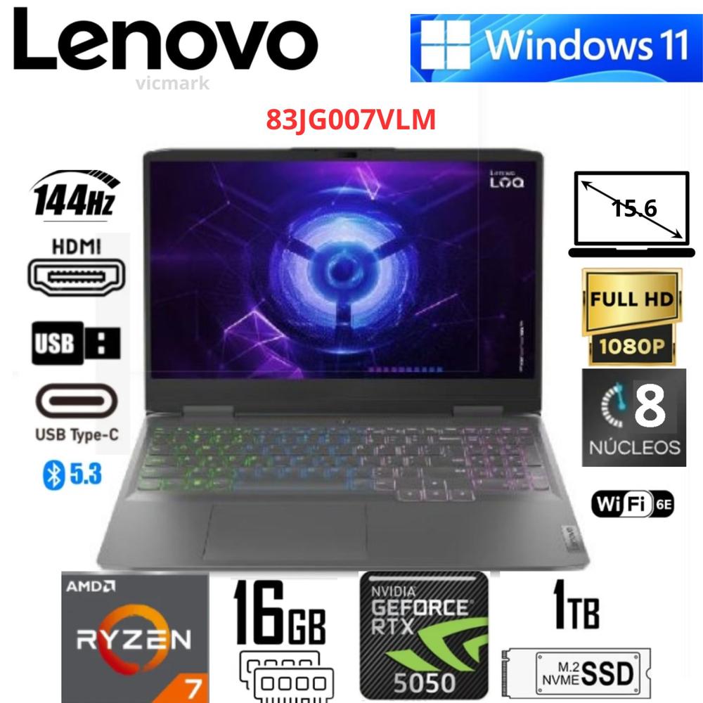 Laptop Gamer Lenovo LOQ 15AHP10 Ryzen 7-250 16GB 512GB SSD RTX 5050 8GB FHD 144Hz 83JG007VLM