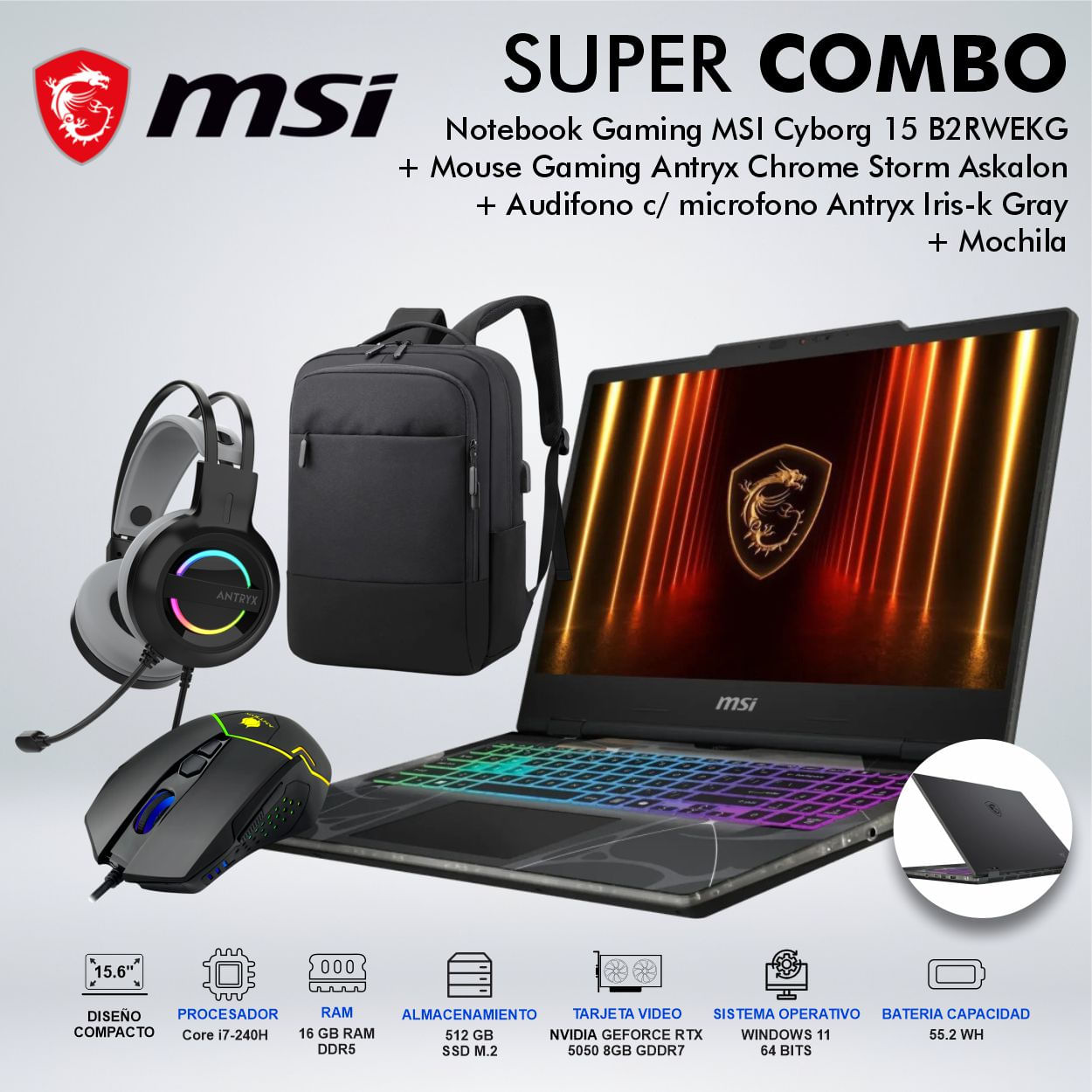LAPTOP GAMING MSI CYBORG 15 B2RWEKG INTEL CORE i7 240H MEMORIA 16GB DISCO 512GB CYBORG15B13WEKGCDSPE