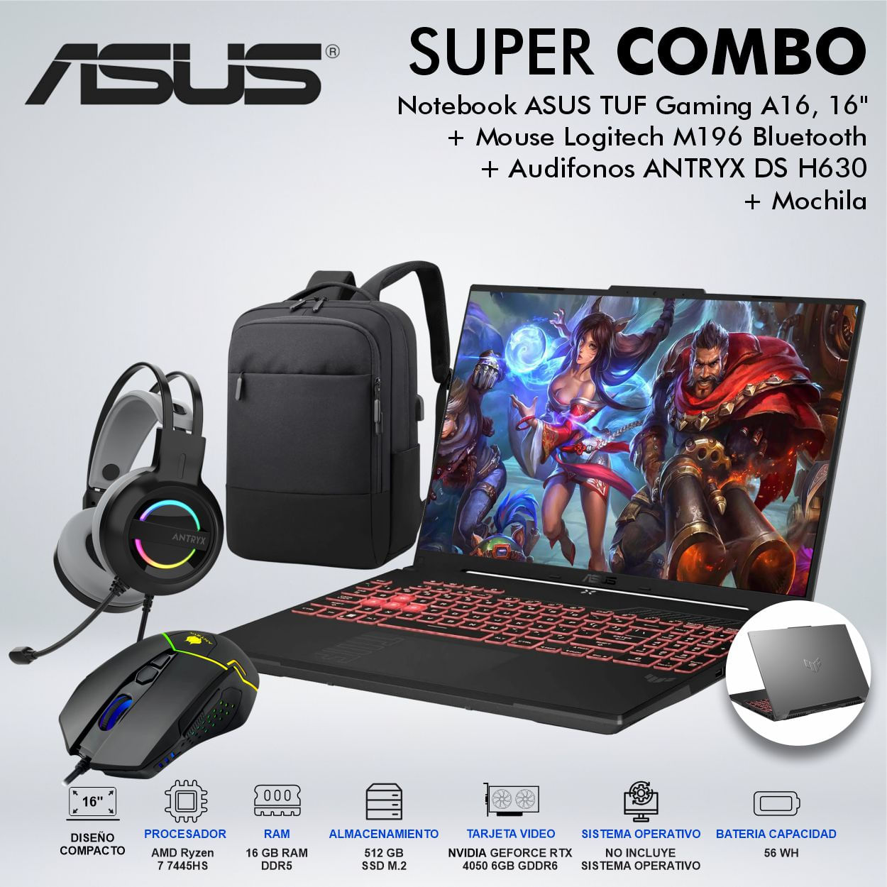 LAPTOP ASUS TUF GAMING A16 AMD Ryzen 7 7445HS MEMORIA 16GB DISCO 512GB SSD M.2 90NR0MU3M007A0CDSPE