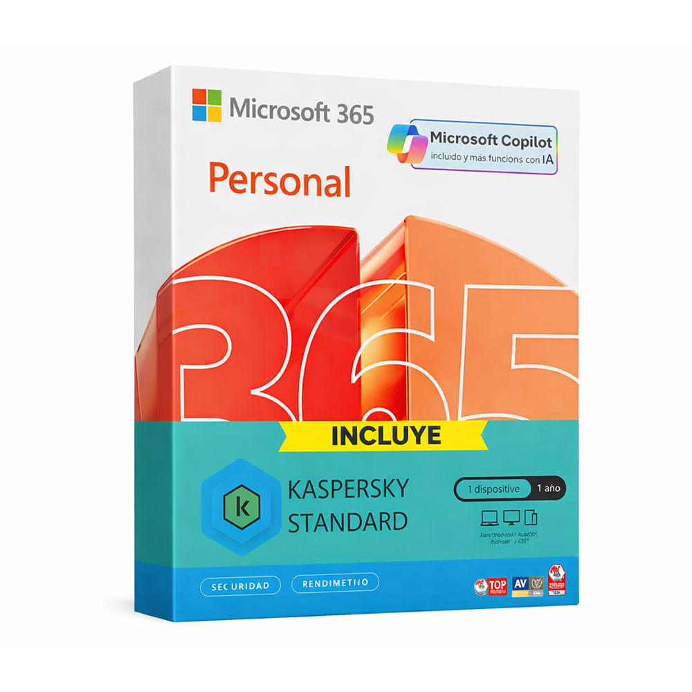 Licencia Microsoft 365 Personal + Antivirus Kaspersky Standard 1 PC 12 meses