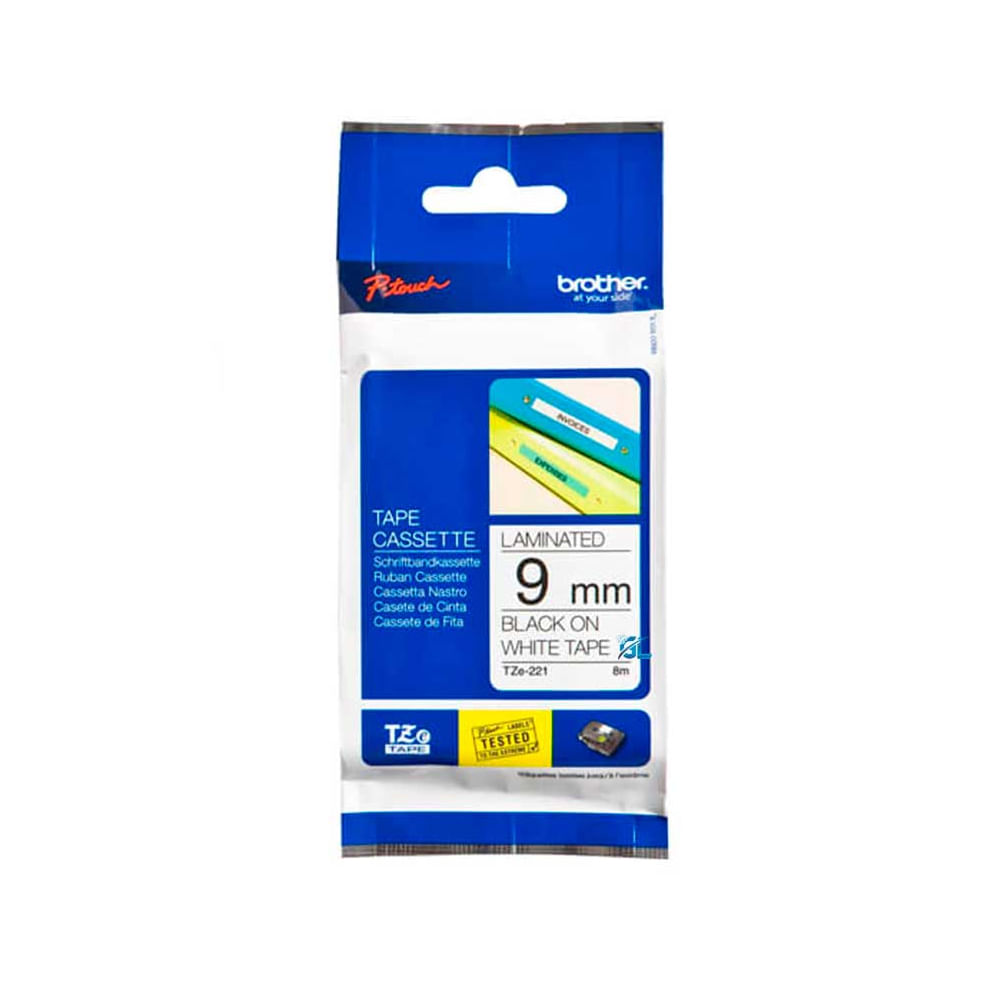 Cinta Brother TZE221 3/8 pulgadas 9mm Negra sobre Blanca Etiquetas Adhesivas