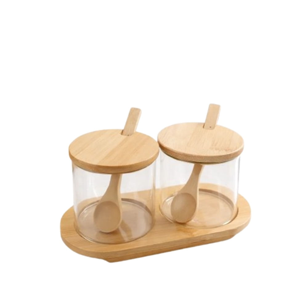 Condimentero Doble de Vidrio con Tapa y Base de Bambú Mas Cucharas