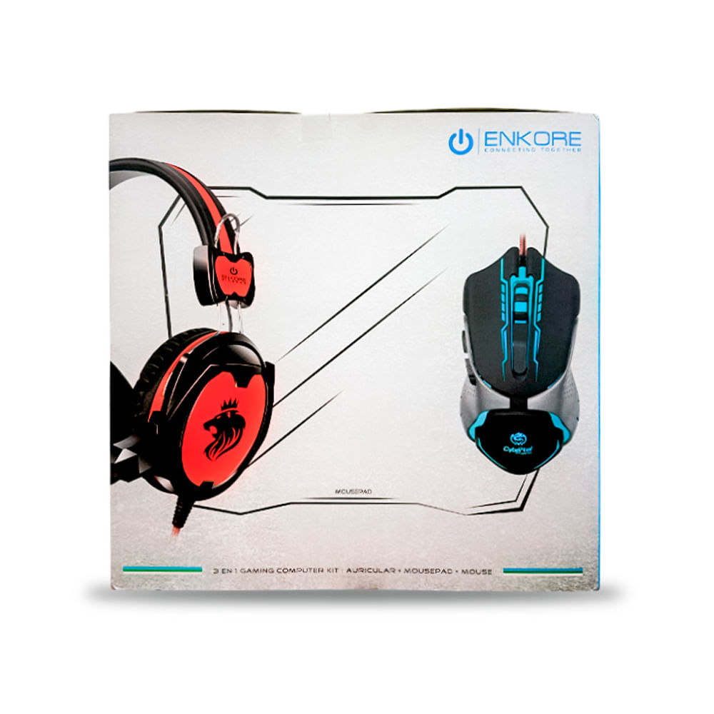 Mouse Enkore T1330S con audífonos y pad, conexión USB, color negro