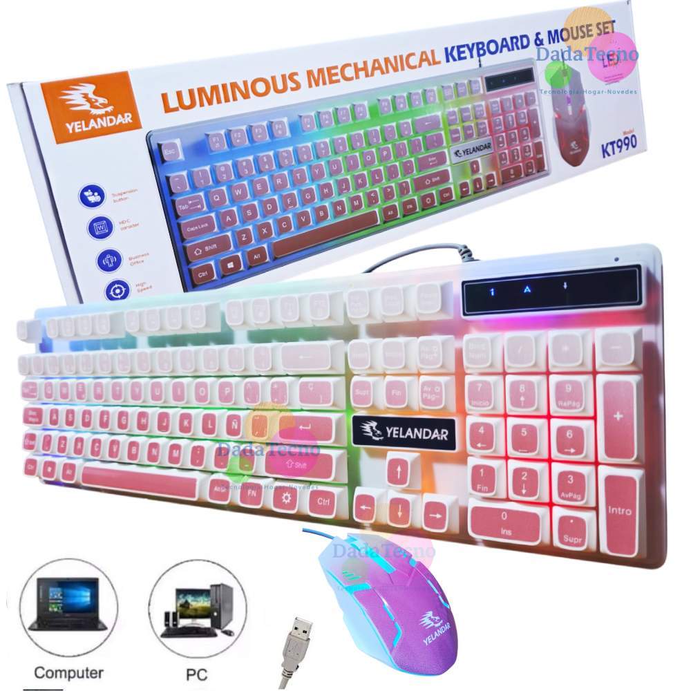Kit Teclado y Mouse Alámbrico Para PC Laptop Luz RGB Blanco Rosado KT990