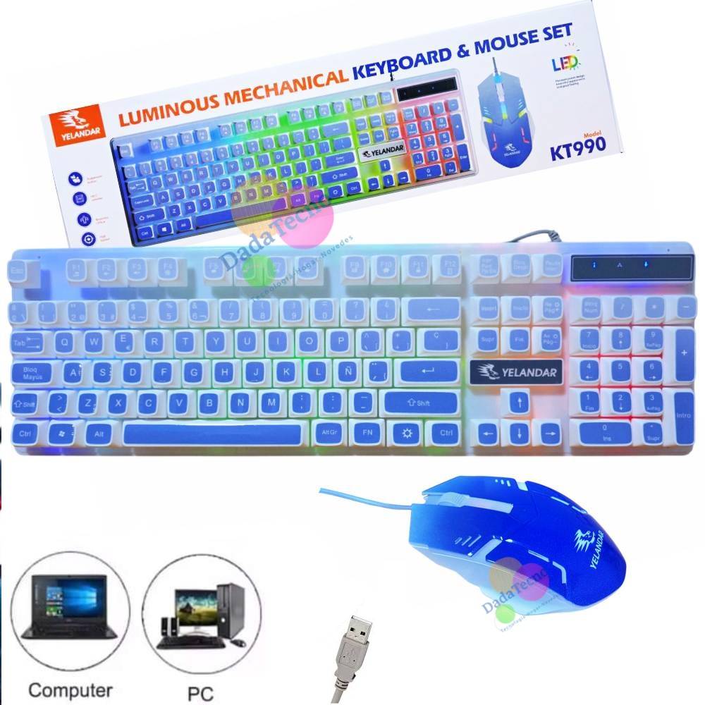 KIT TECLADO Y MOUSE ALAMBRICO PARA PC LAPTOP AZUL BLANCO KT990 LUZ RGB