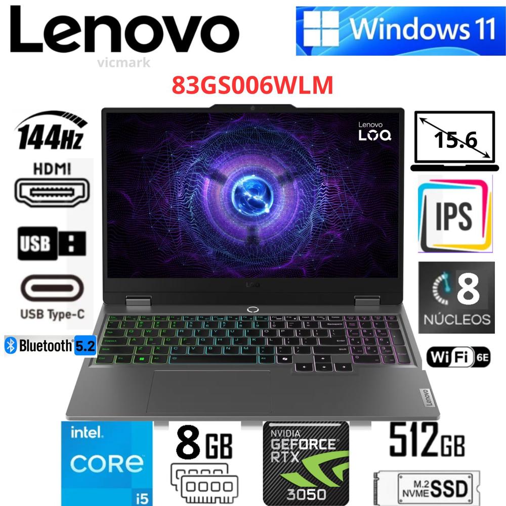 Laptop Gamer Lenovo LOQ 15IAX9 i5-12450HX RTX 3050 6GB 8GB RAM 512GB SSD 144Hz FHD