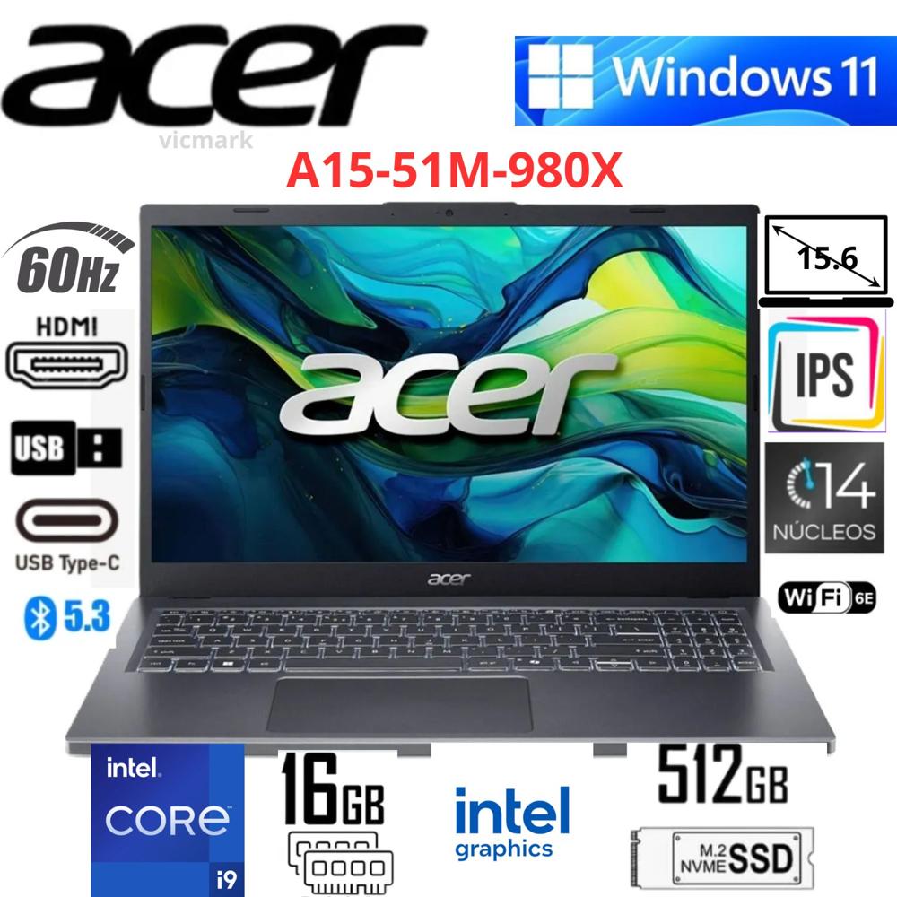 Laptop Acer Aspire 15 A15-51M Intel Core i9-13900H 16GB 512GB SSD FHD Windows 11 Home