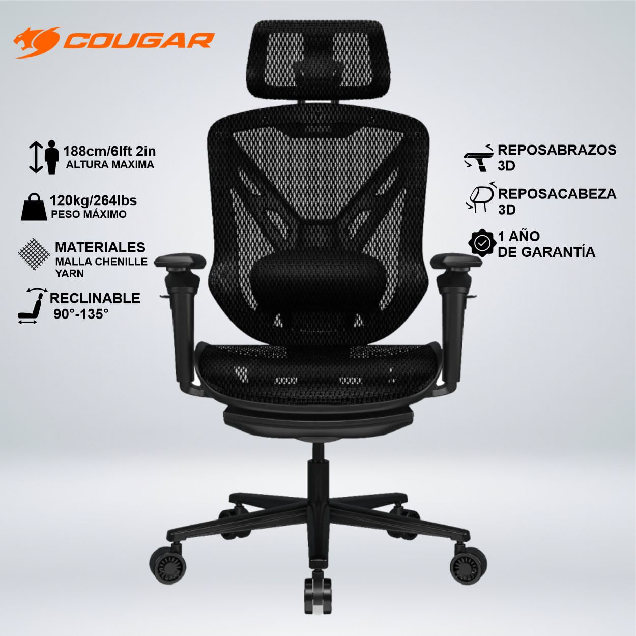 SILLA GAMER COUGAR SPEEDER ERGONOMICO MALLADO REPOSAPIÉS RETRÁCTIL