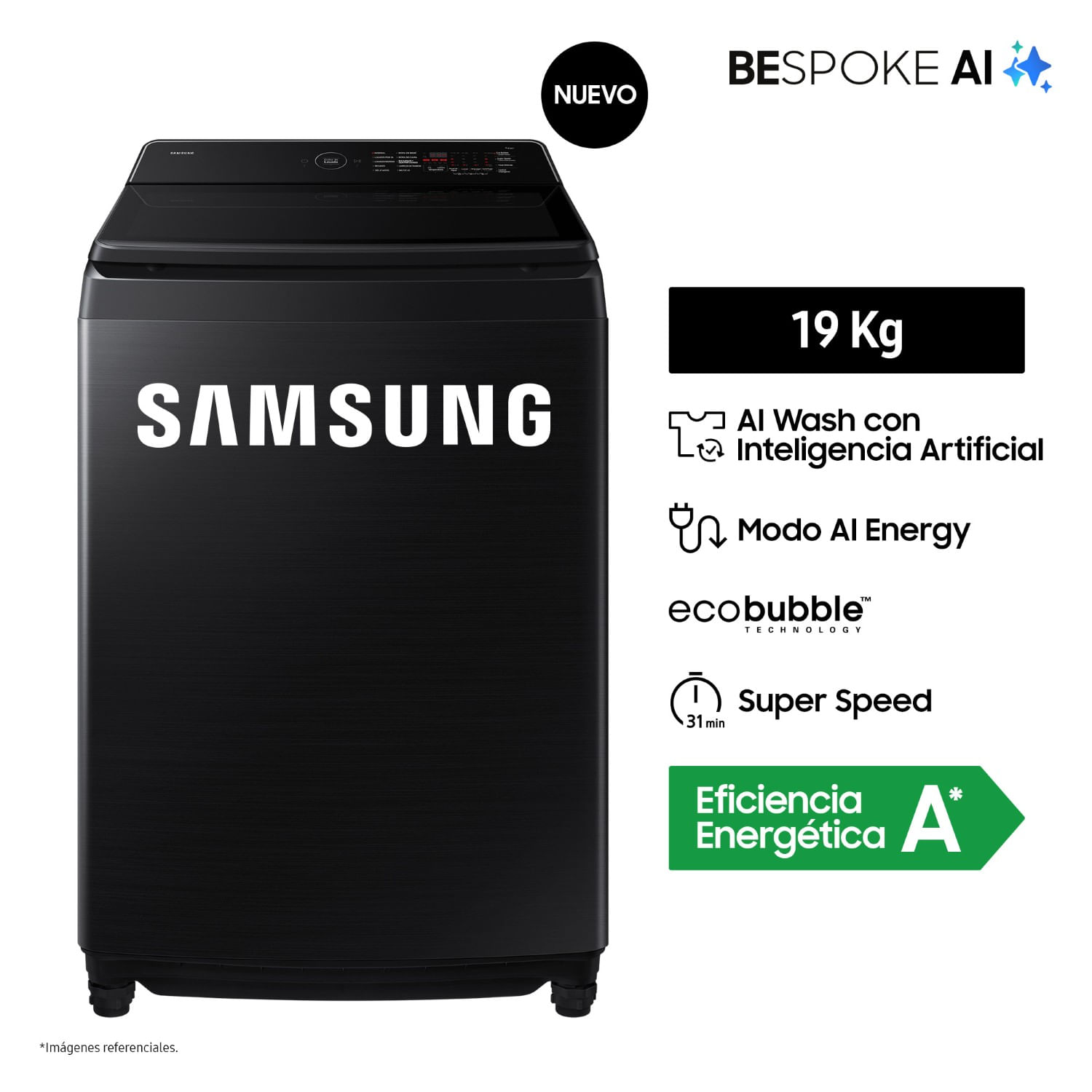 Lavadora Samsung AI Wash EcoBubble™ 19kg Negra WA80F19S8BPE