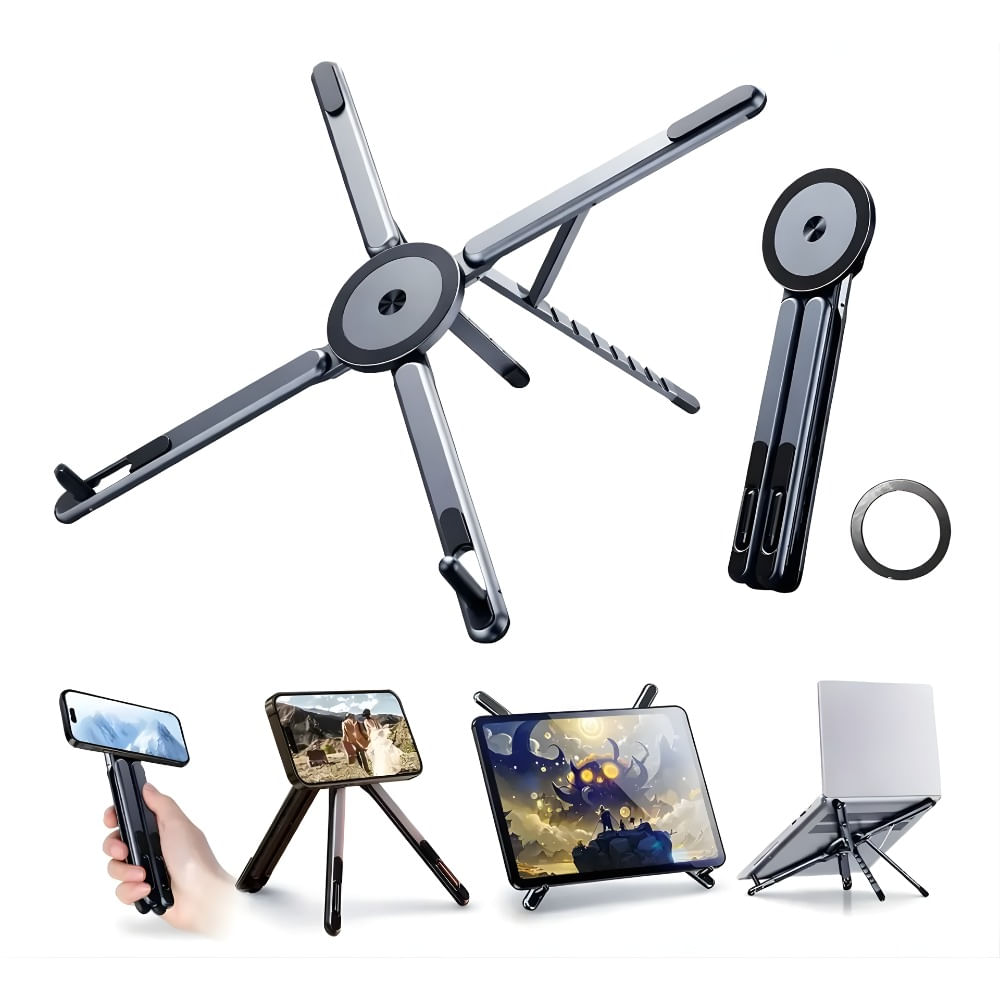 Soporte Plegable 3 En 1 Para Celular Tablet Laptop Aluminio Gris