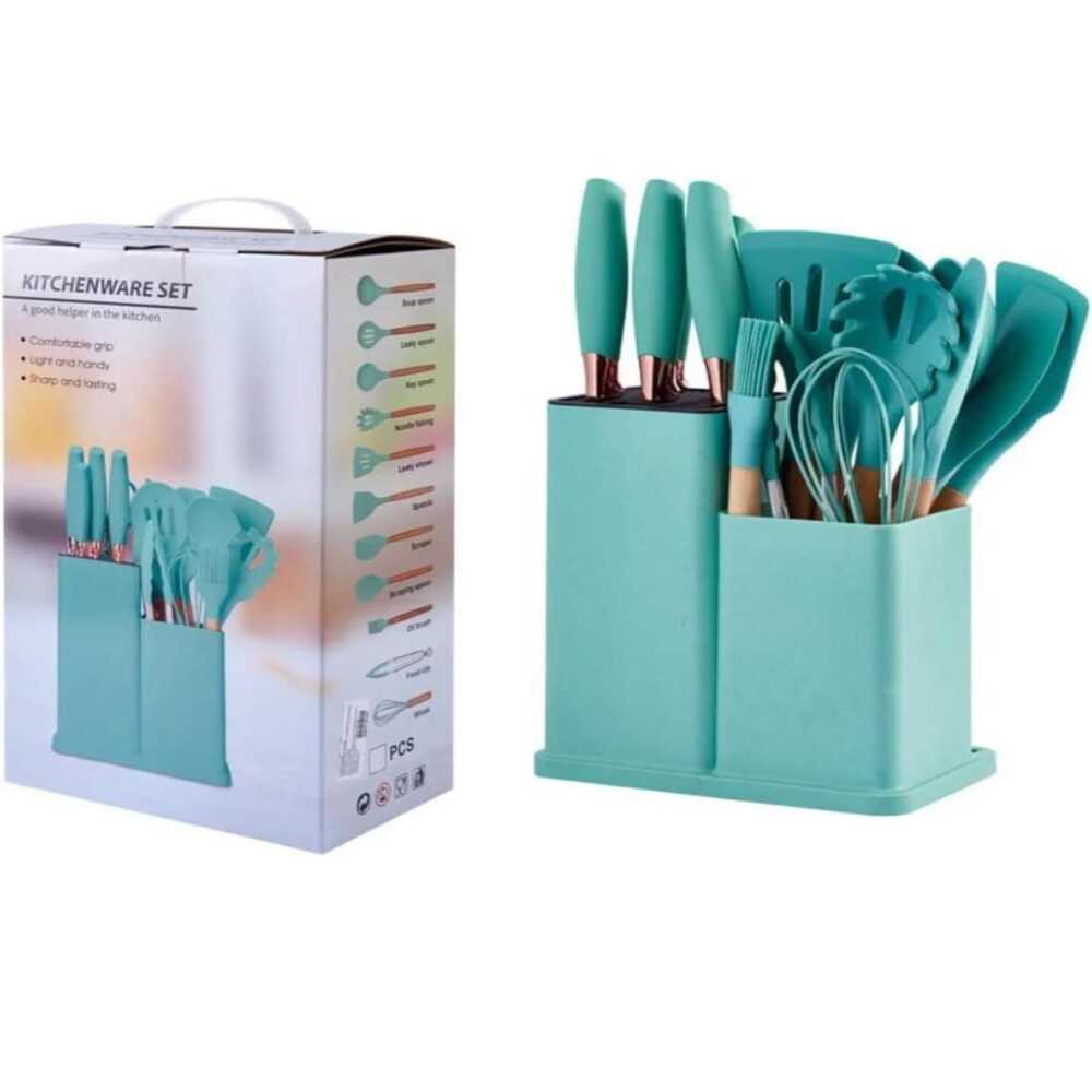 SET DE UTENSILIOS DE SILICONA VERDE JADE 19 PIEZAS