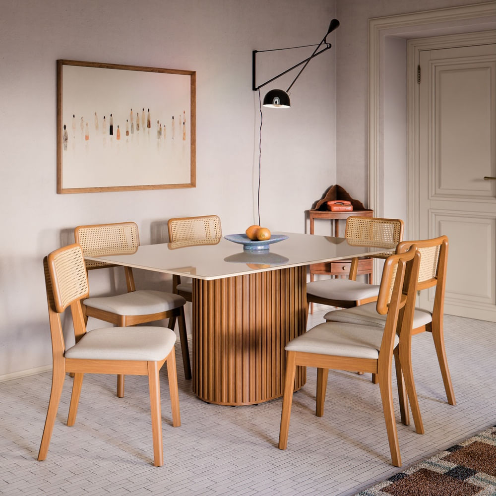 COMEDOR 6 SILLAS LIVING 1.6 VIDRIO RATTAN