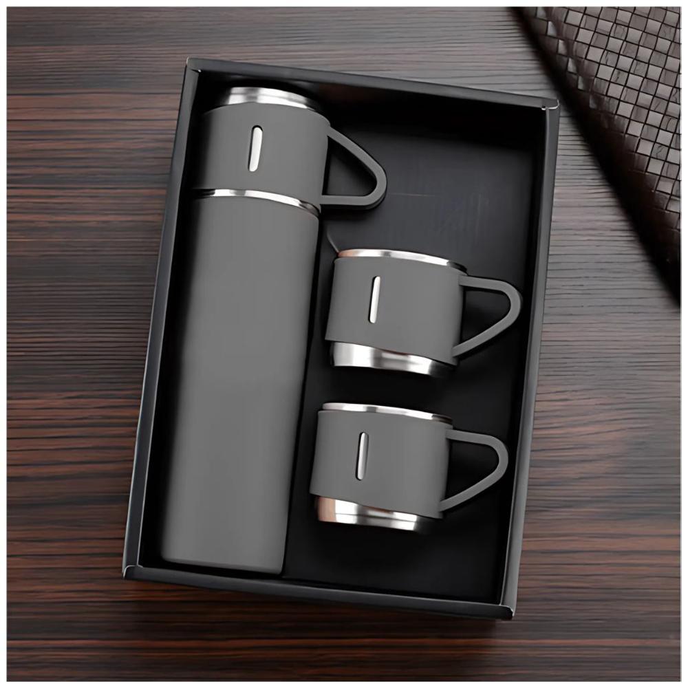 Termo de Acero Inoxidable Bebidas Frías y Calientes de 500 ml con 3 Tazas Gris