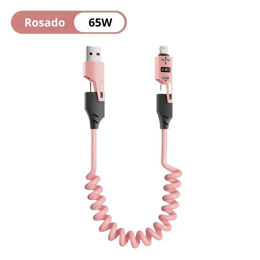 Cable Carga Rápida y Datos Retráctil de 65W 4 en 1 USB Tipo C con Lightning Rosado
