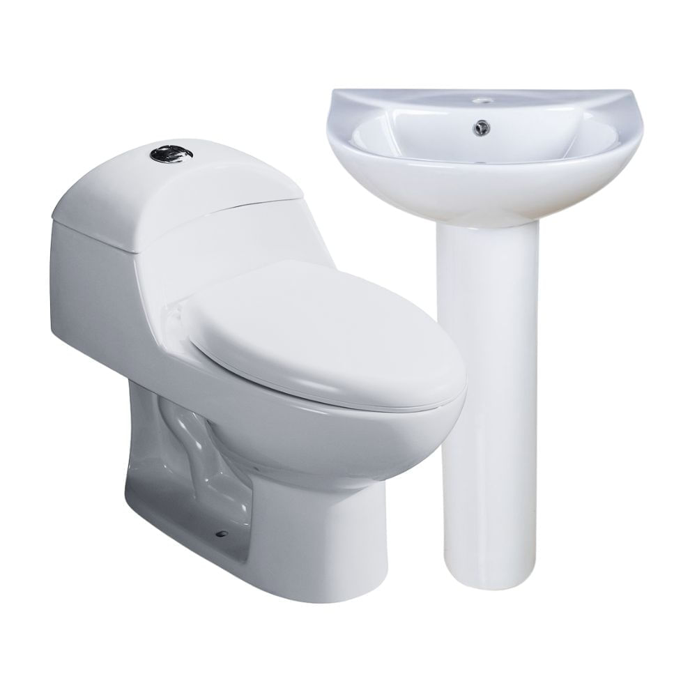 COMBO Orange: Inodoro One Piece Cerámico Ártico Blanco con Descarga Dual + Lavatorio Standard Cerámica Blanco + Pedestal Standard Blanco