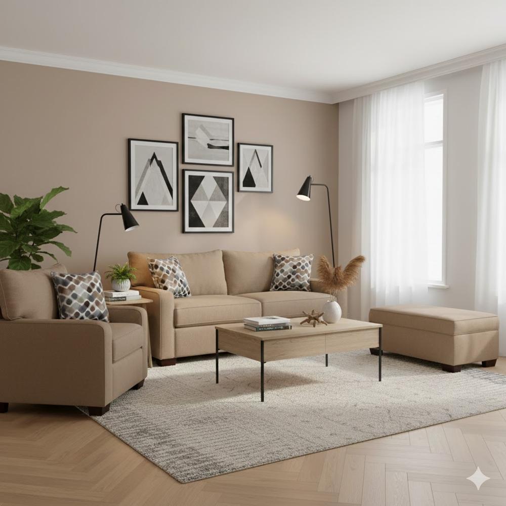 Juego de Sala Raven 2-1 y Banqueta Beige Oscuro