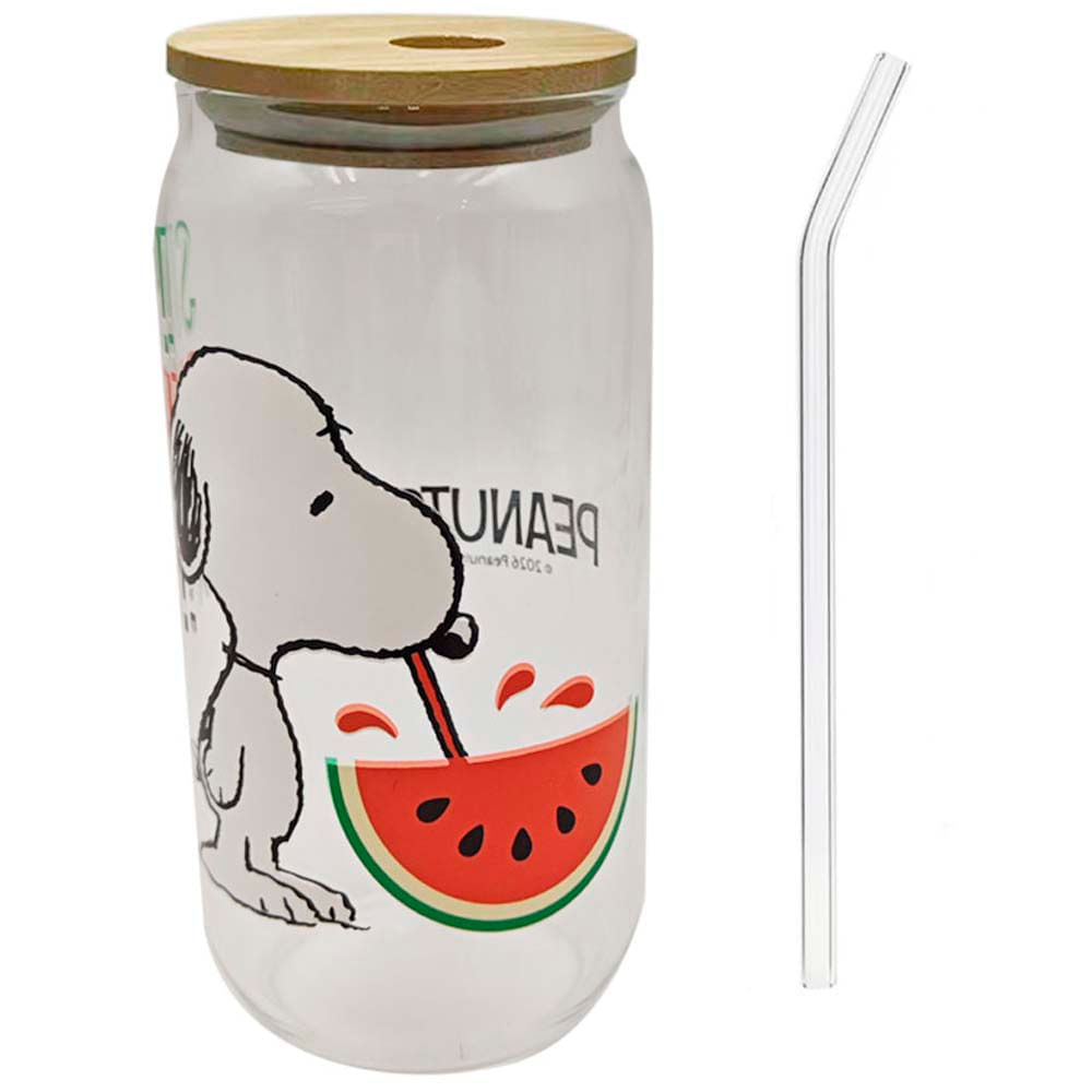 Vaso SNOOPY Vidrio con Tapa y Sorbete