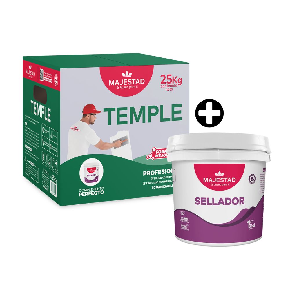 COMBO Majestad: Temple Caja 25 Kg Blanco Mate Profesional + Sellador para muros 1 galón