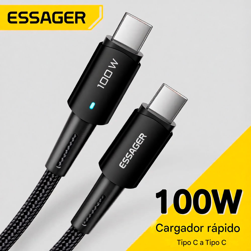 CABLE CARGA ESSAGER USB-C A USB-C 100W CARGA RÁPIDA 3 MTS