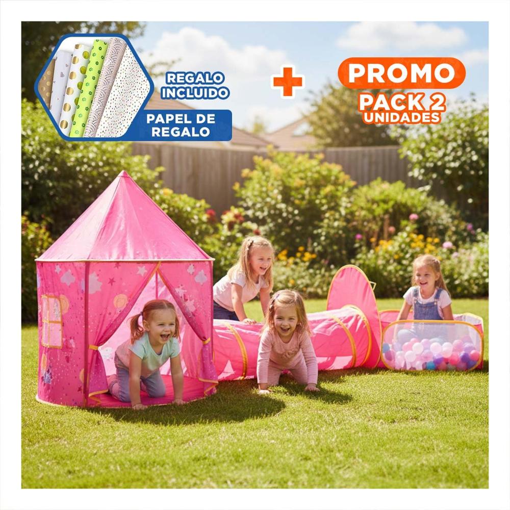 Pack2 Carpa Compacta 3 Piezas con Montaje Facil y Juegos Infantiles Rosado Y+Papel Regalo