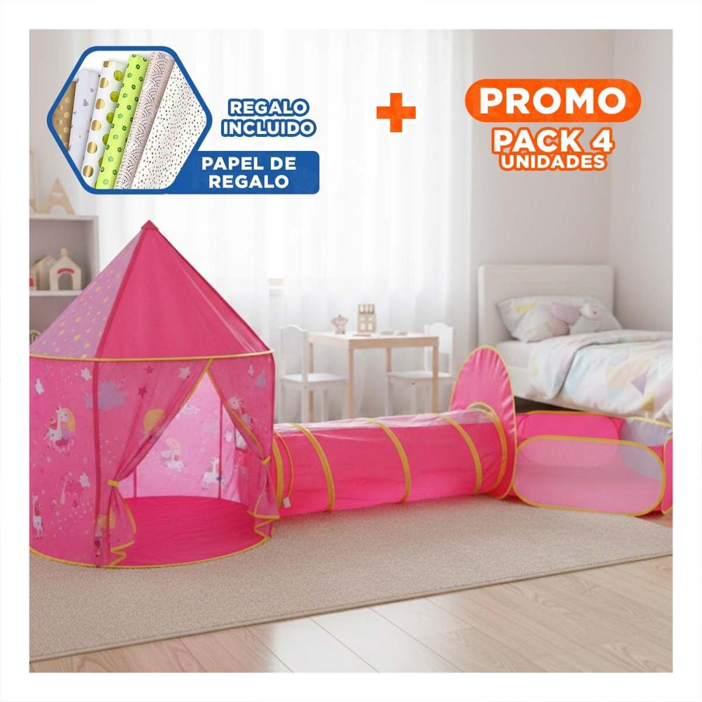 Pack4 Tienda Infantil 3 Piezas con Entrada y Techo para Niños Rosado Y+Papel Regalo