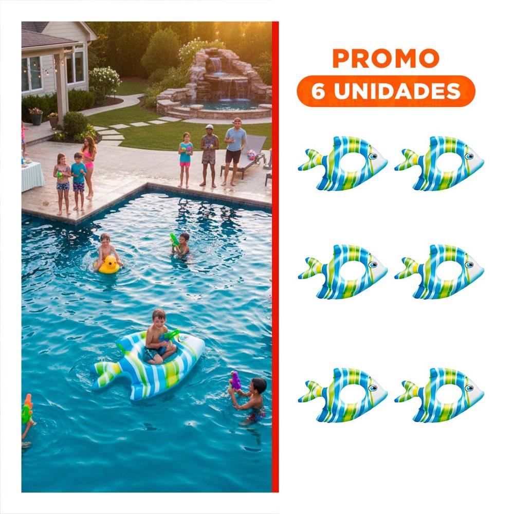 Pack6 Flotante Inflable Divertido Celeste Pez Rayado 83 x 81 cm para Piscina