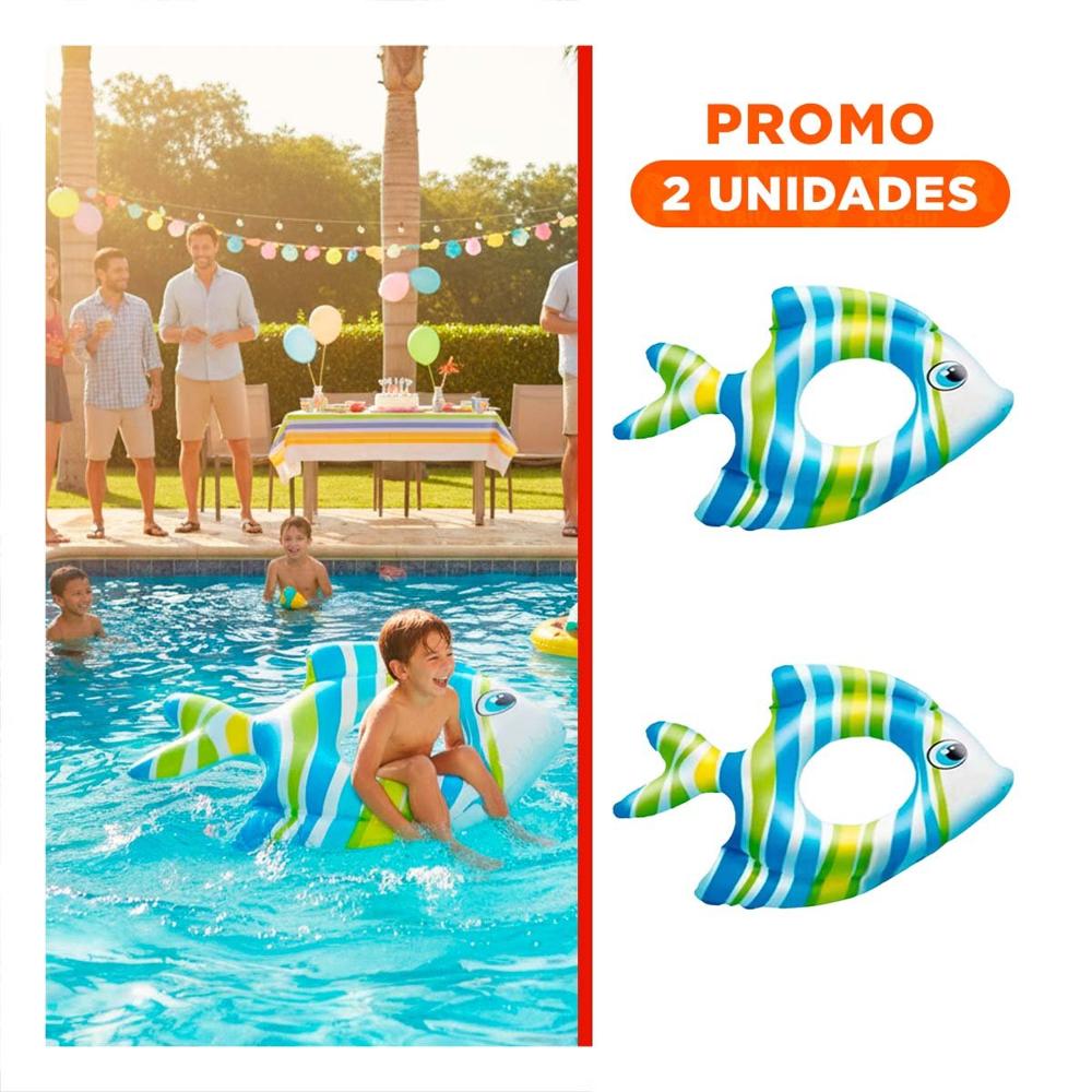 Pack2 Flotador Colorido Seguro Celeste Pez Rayado 83 x 81 cm para Piscina