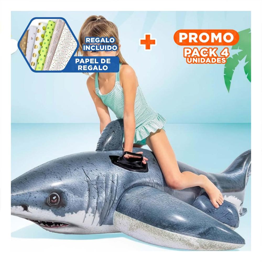 Pack4 Flotador Grande Tiburon 173 x 107 cm para Agua Y+Papel Regalo