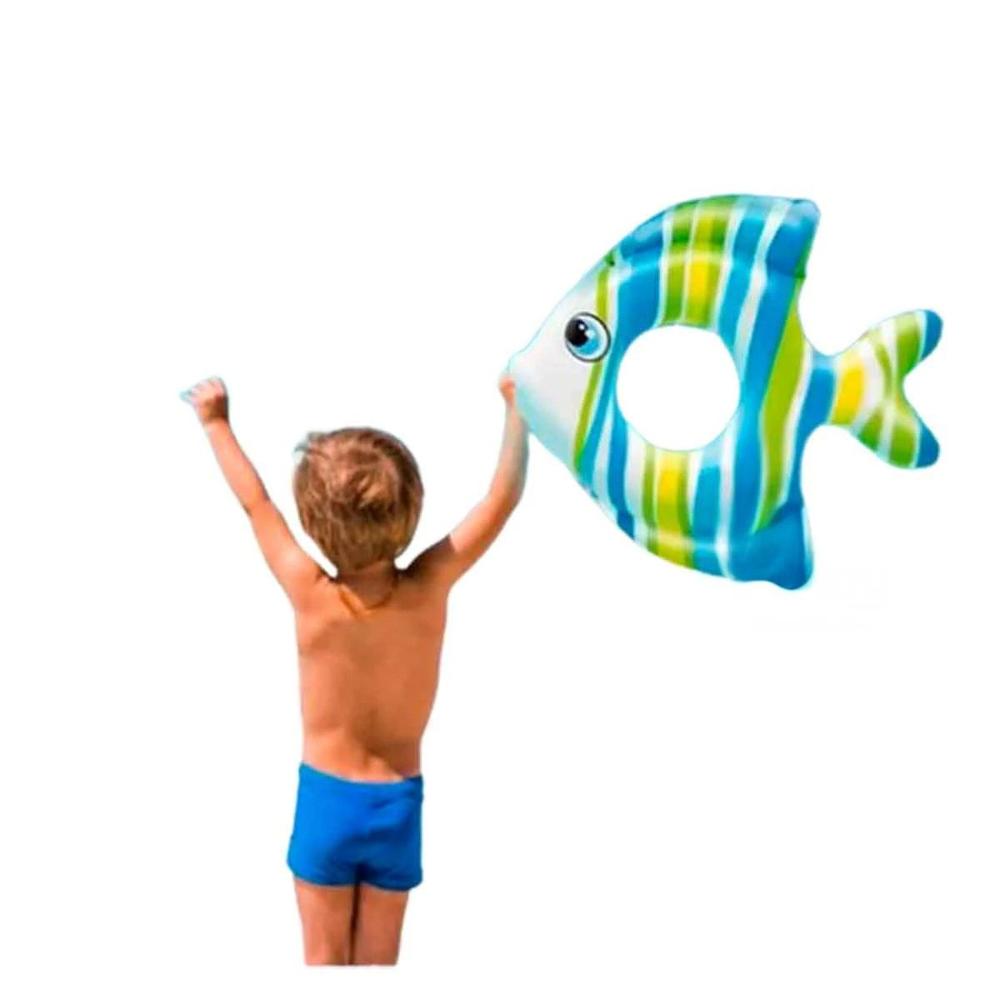 Flotador Inflable Divertido Celeste Pez Rayado 83 x 81 cm para Piscina Y+Papel Regalo
