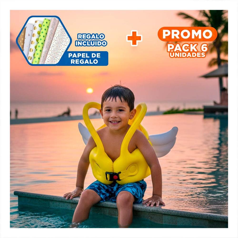 Pack6 Flotador con Alas Amarillo Facil de Usar y Seguro para Niños Y+Papel Regalo