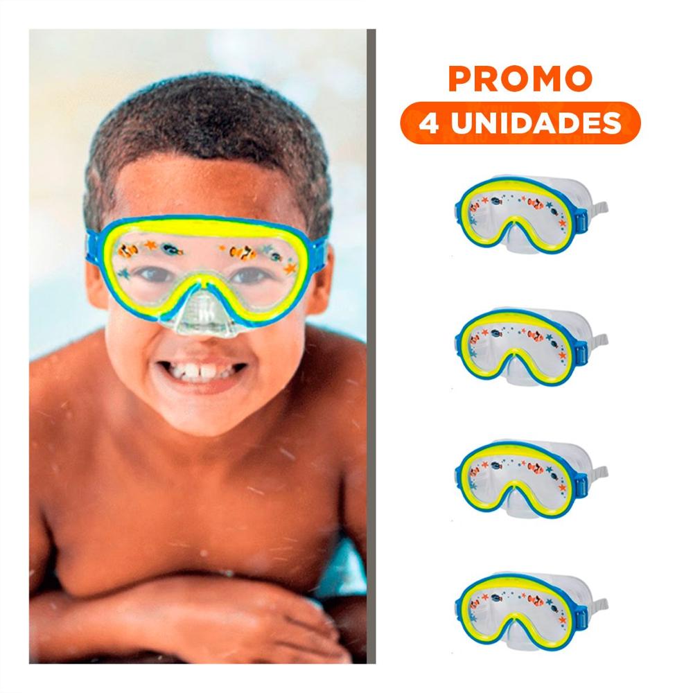 Pack4 Gafas para Buceo Aviador Azul con Ajuste Seguro y Vision Subacuatica Y+Regalo Sticker