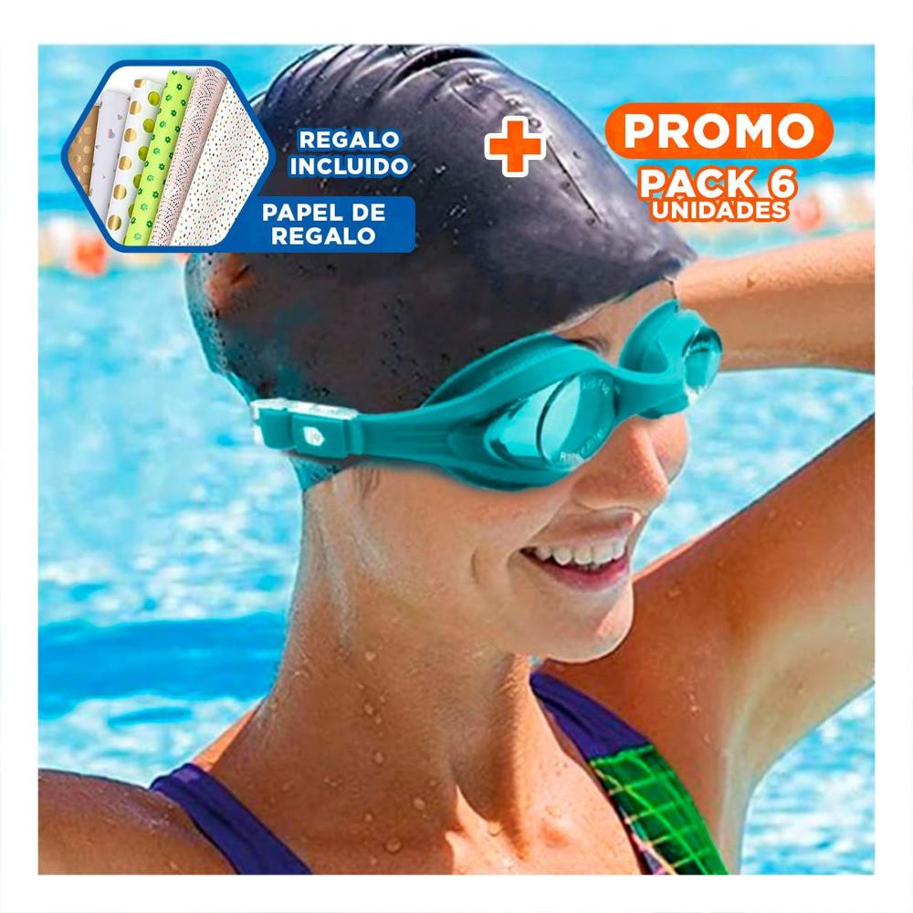 Pack6 Antiparras Natacion Celeste con Vision Nitida y Correa Flexible Y+Papel Regalo