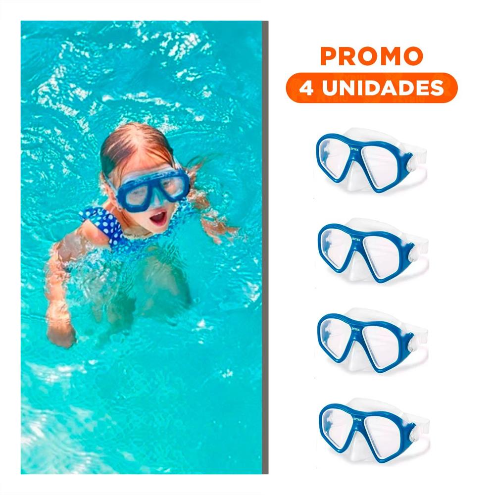 Pack4 Gafas para Buceo Azul con Ajuste Seguro y Vision Subacuatica en Piscina Y+Regalo Sticker