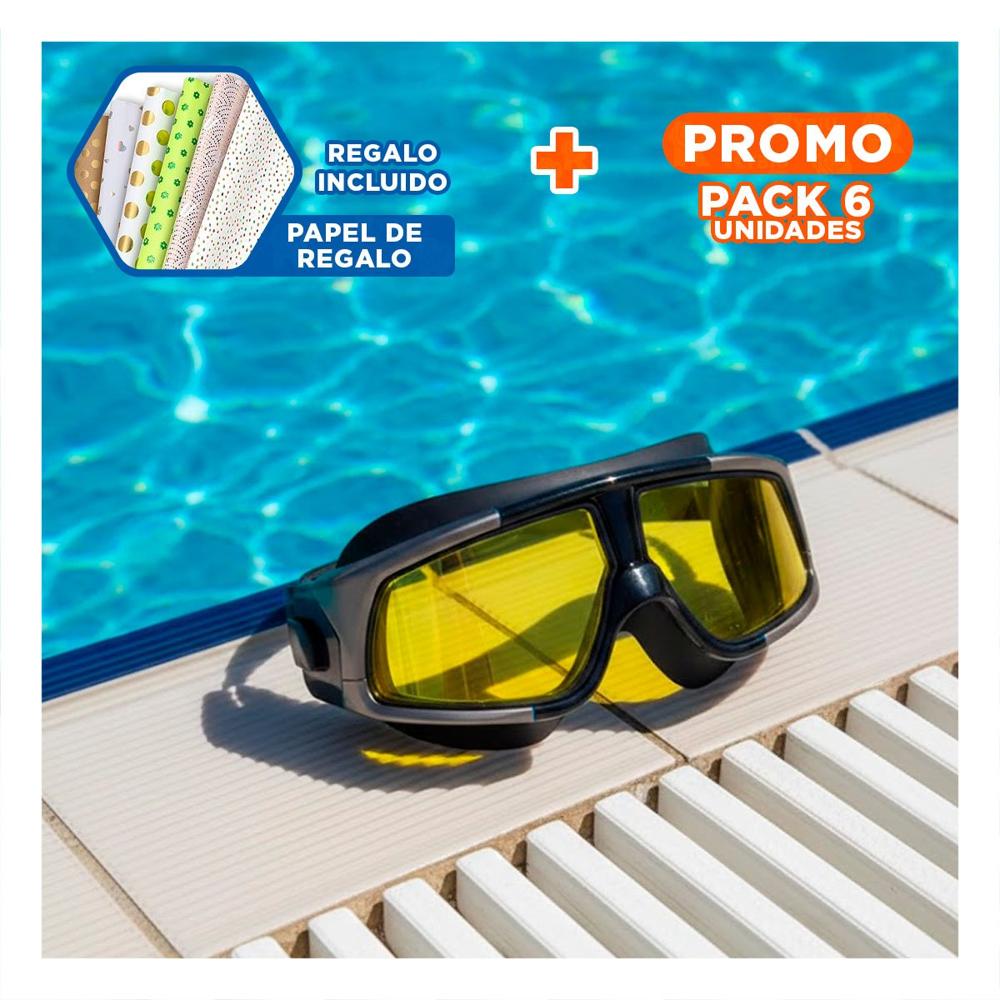 Pack6 Oculares Natacion Adulto Vidrio Templado Negro con Vision Nitida Y+Papel Regalo