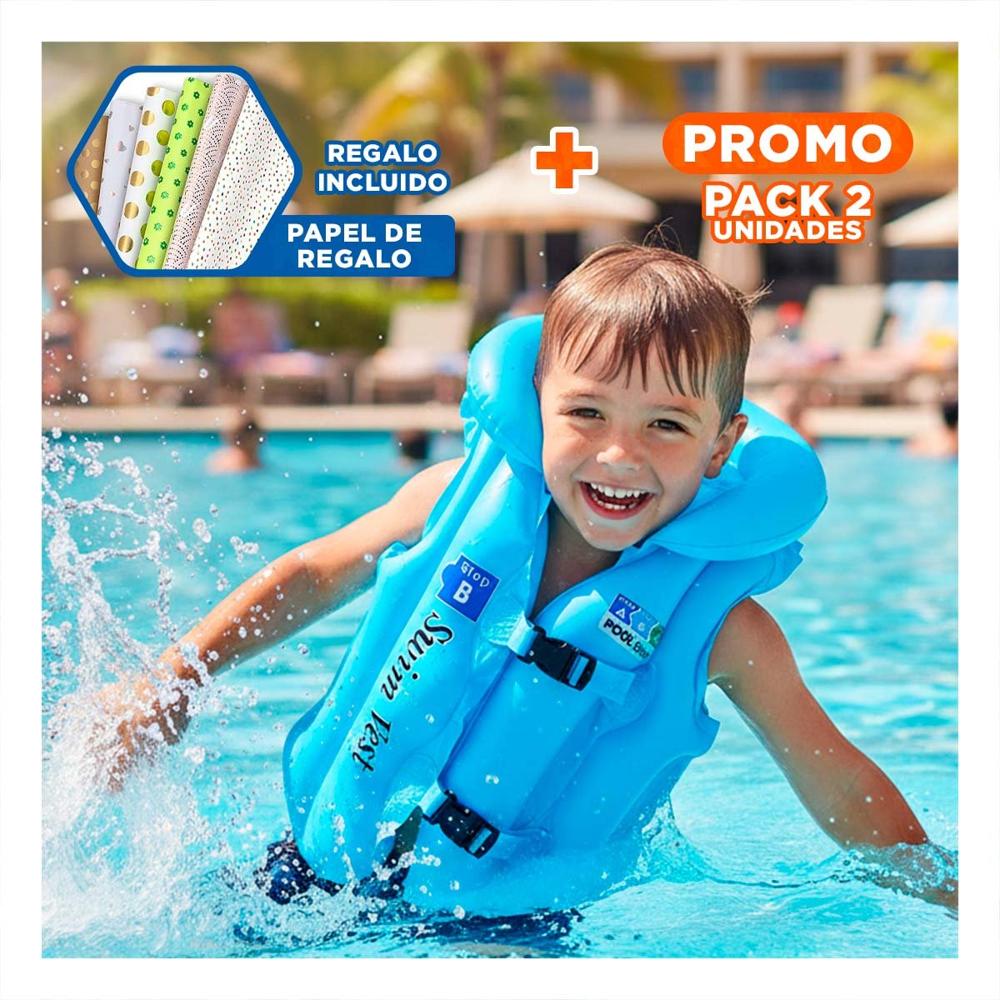 Pack2 Inflable Infantil MG-4001A Celeste Chaleco Seguro para Juegos en Agua Y+Papel Regalo