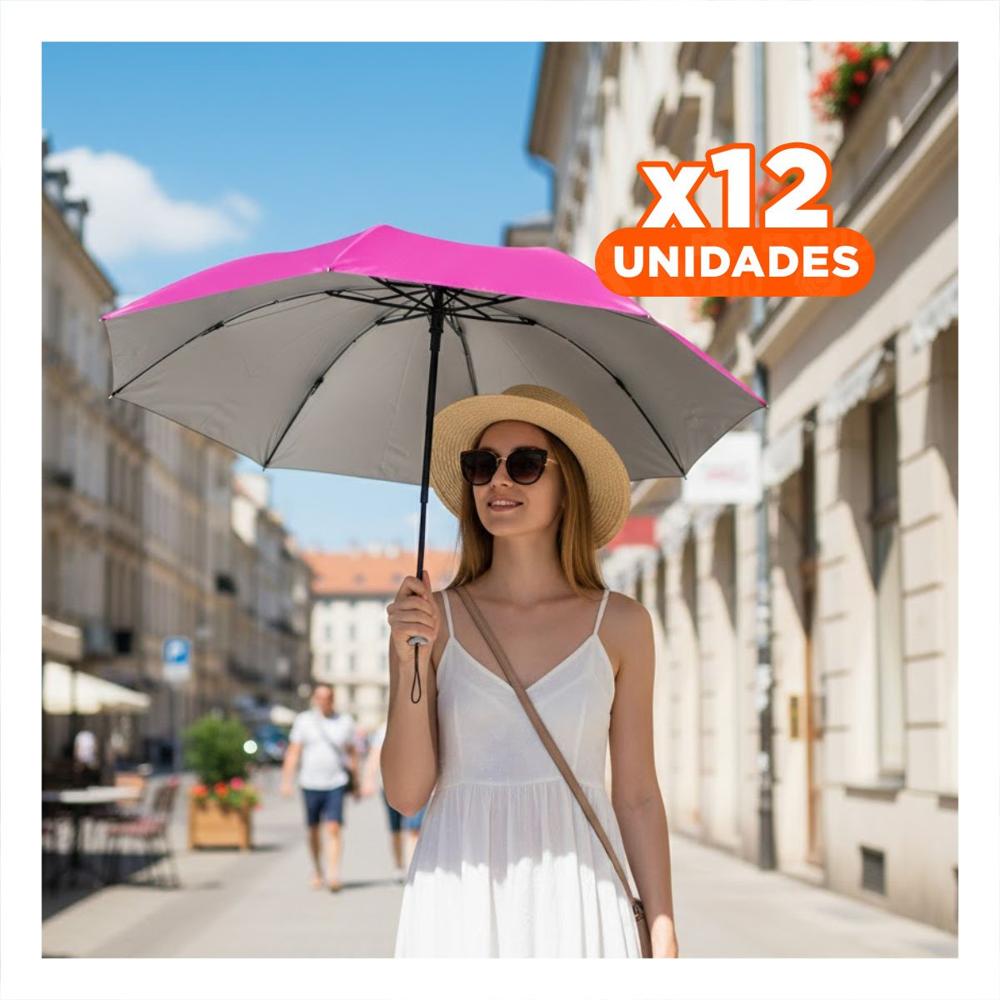 Pack12 Quitasol Plegable Portatil para Sol y Lluvia Uso Personal Color Fucsia Y+Regalo Sticker