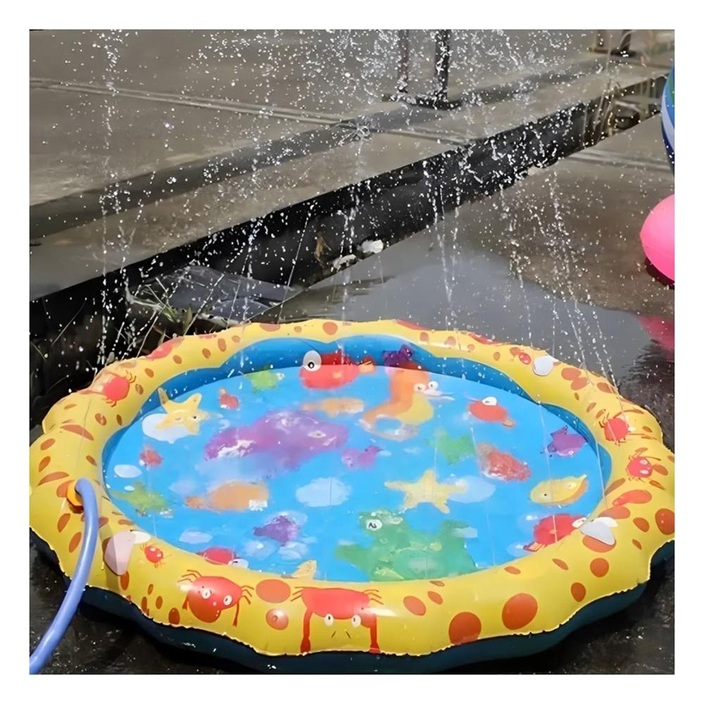 Colchoneta Inflable Tipo Pileta con Diseno Marino en Amarillo y Celeste para Casa