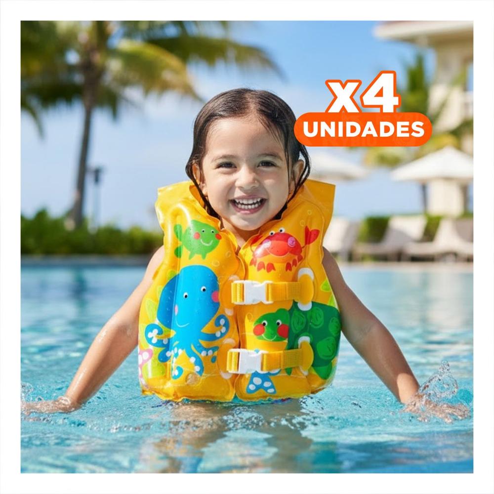 Pack4 Chaleco Salvavidas Infantil con Diseno Tropical para Verano y Piscina Y+Papel Regalo