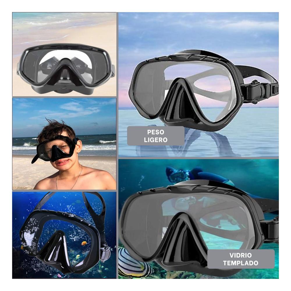 Mascara de Buceo Negro con Vidrio Templado para Inmersion Recreativa Y+Ligas Regalo