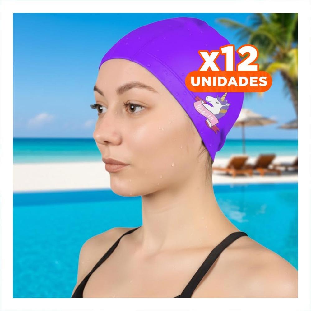 Pack12 Gorro Lila para Actividades Acuaticas Infantiles Y+Papel Regalo