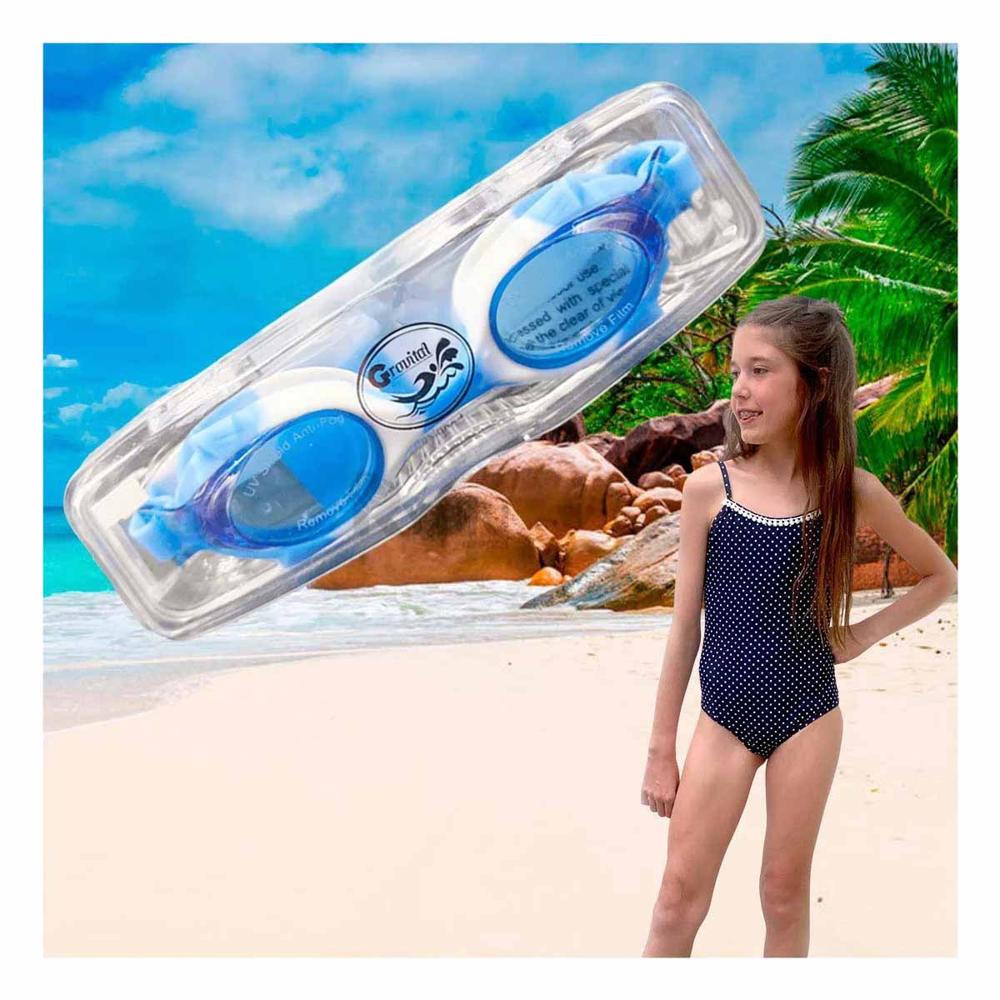 Lentes de Natacion Celeste y Blanco para Ninos con Ajuste Comodo Y+Papel Regalo