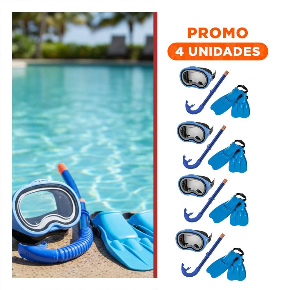 Pack4 Conjunto Acuatico Azul para Ninos con Tubo Gafas y Aletas