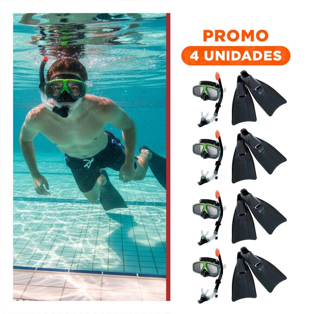 Pack4 Juego de Natacion y Buceo 3pcs con Mascara Tubo y Aletas para Sesiones