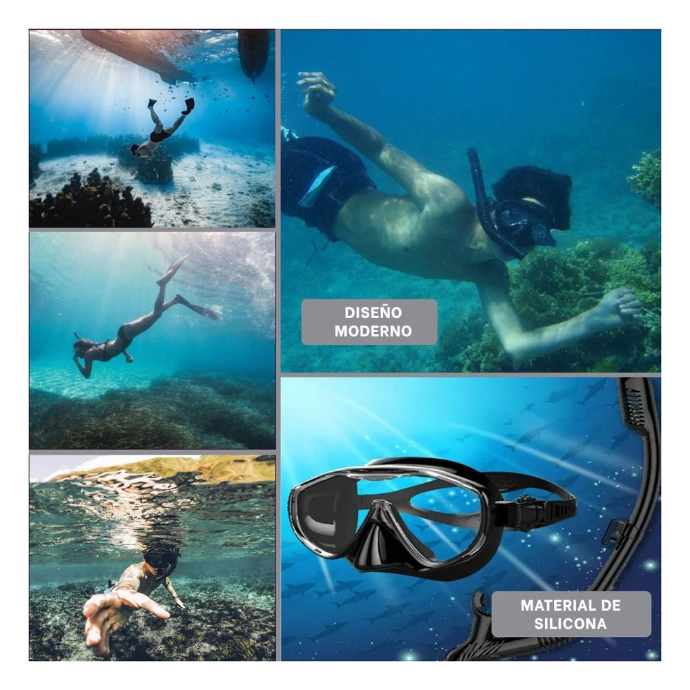 Juego de Buceo 3 Pcs Talla L Negro con Aletas Lentes y Snorkel para Exploracion Y+Ligas Regalo