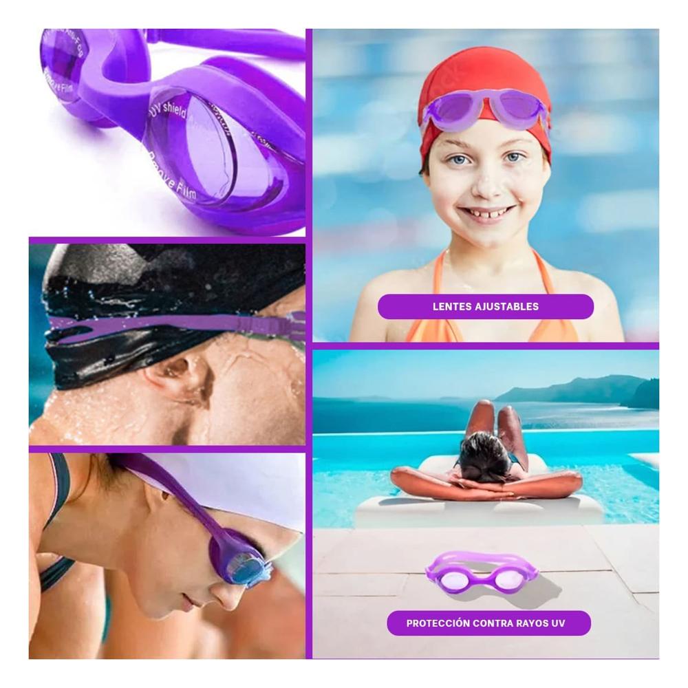 Equipo Funcional para Natacion con Lentes Ajustables Morado Y+Ligas Regalo