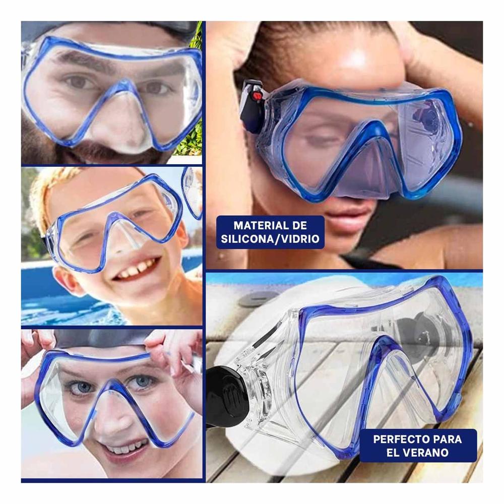 Mascara de Buceo Azul con Lente de Vidrio para Uso en Playa Y+Ligas Regalo