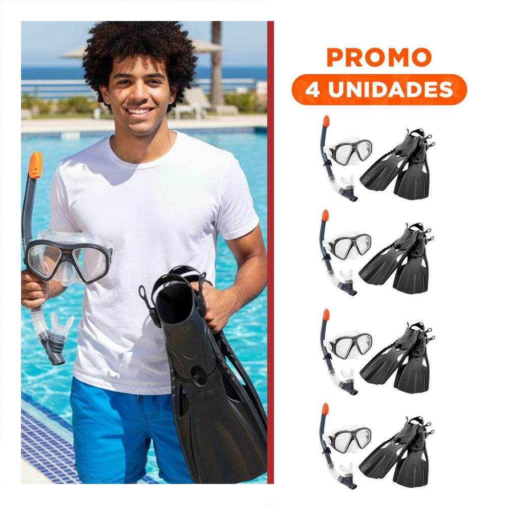 Pack4 Juego de Natacion y Buceo 3 Pcs Negro con Mascara Tubo y Aletas para Sesiones