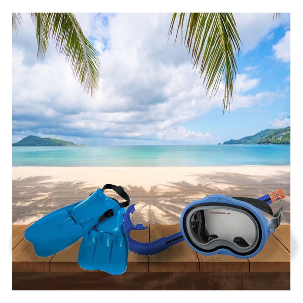 Equipo Acuatico Azul para Ninos con Gafas Tubo y Aletas para Vacaciones Y+Post It